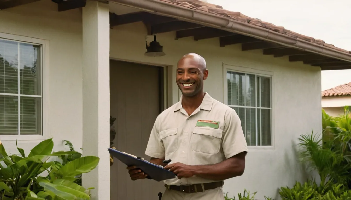 A friendly pest control provider talking with a homeowner at the front door of a DeBary home